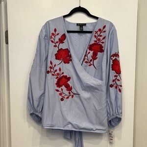 INC Blue and Red Embroidered Wrap Top - 1X - New with tags!